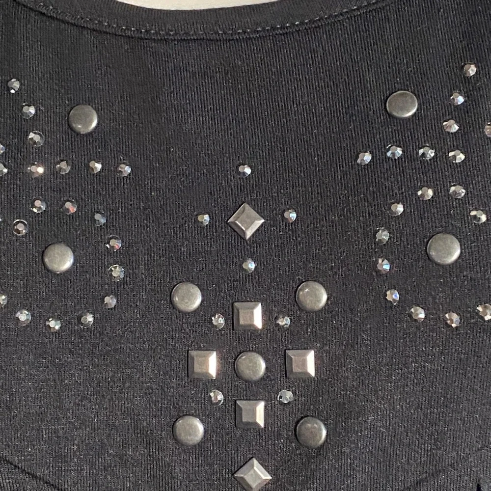 Vocal Deep Black Sleeveless Top, Fringe Front, Round Neckline with Stud Detail - Picture 4 of 11